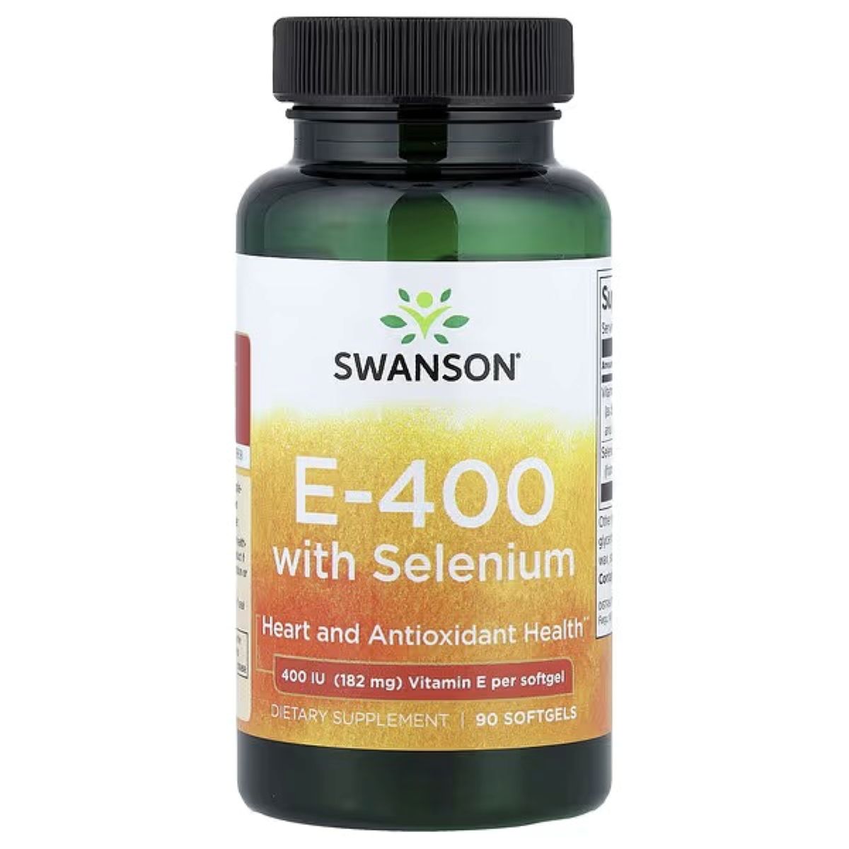 Swanson E-400 with Selenium vitamin E softgel bottle, front label, 90 count