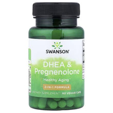 Swanson DHEA & Pregnenolone dietary supplement bottle with green veggie capsules and front label