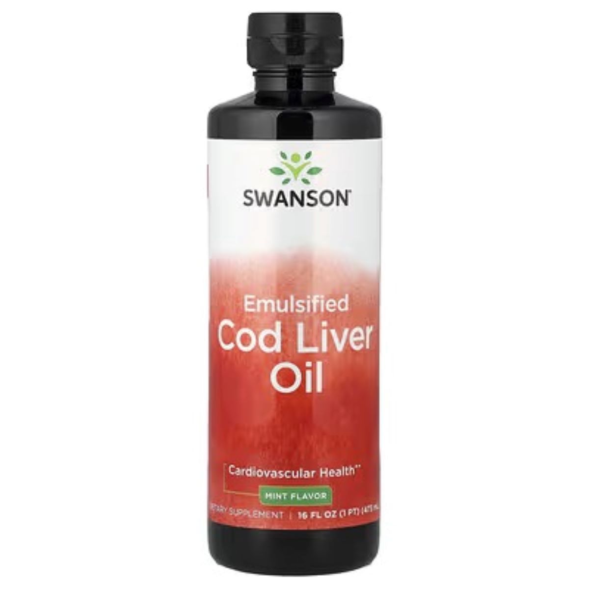 Swanson emulsified cod liver oil bottle, mint flavor front label