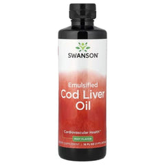 Swanson emulsified cod liver oil bottle, mint flavor front label