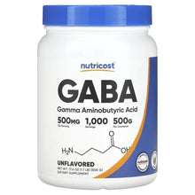 GABA powder supplement bottle, white with blue cap; unflavored