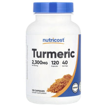 Turmeric supplement bottle with blue cap and Nutricost label, 120 capsules