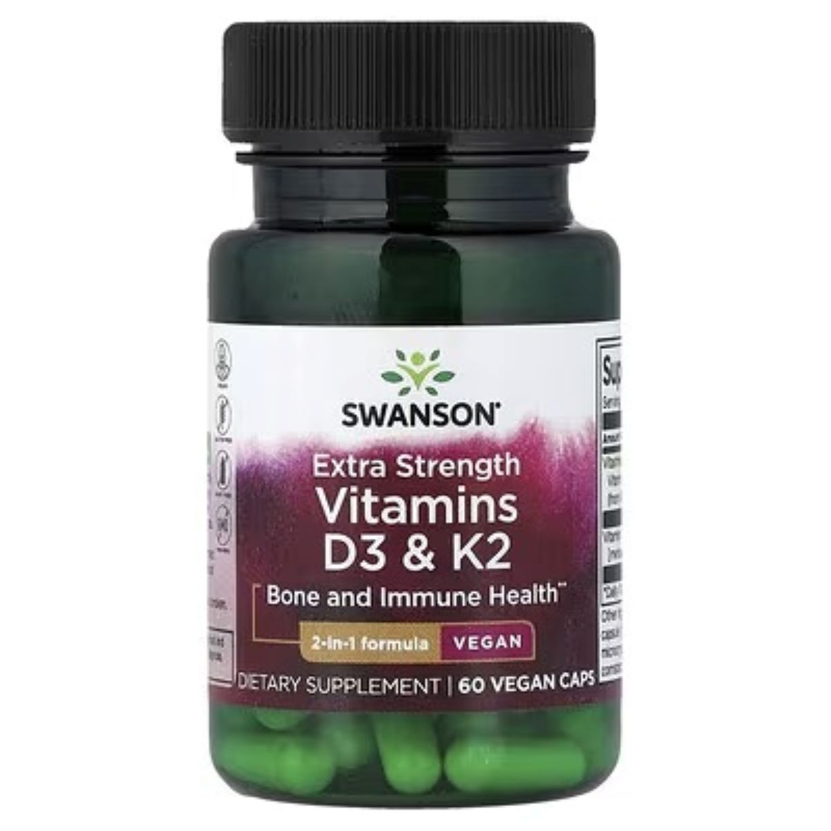 Vitamin D3 & K2 supplement bottle, front label for bone and immune health, black cap