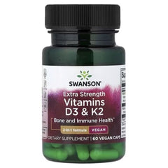 Vitamin D3 & K2 supplement bottle, front label for bone and immune health, black cap
