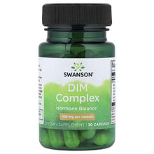 Swanson DIM Complex dietary supplement bottle, dark green capsules in green-tinted bottle