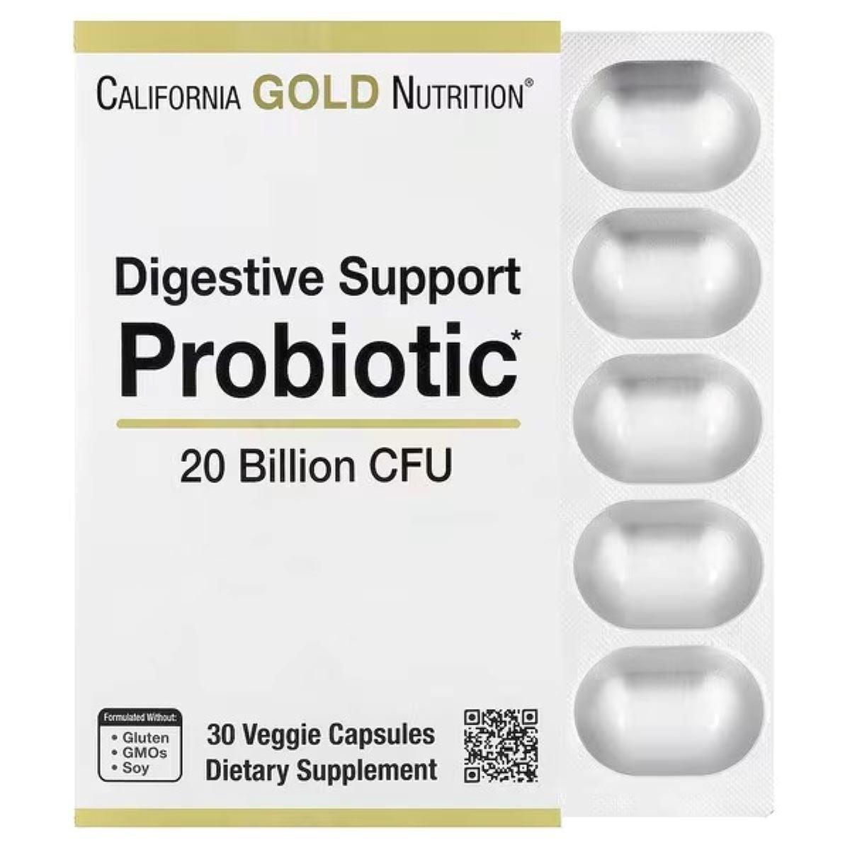California Gold Nutrition Digestive Support Probiotic 20 Billion CFUs – Probiotic & Prebiotic Blend with Lactobacillus rhamnosus GG, 30 Veg Capsules