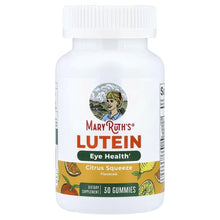 Lutein eye health gummy supplement bottle with white cap, citrus squeeze label