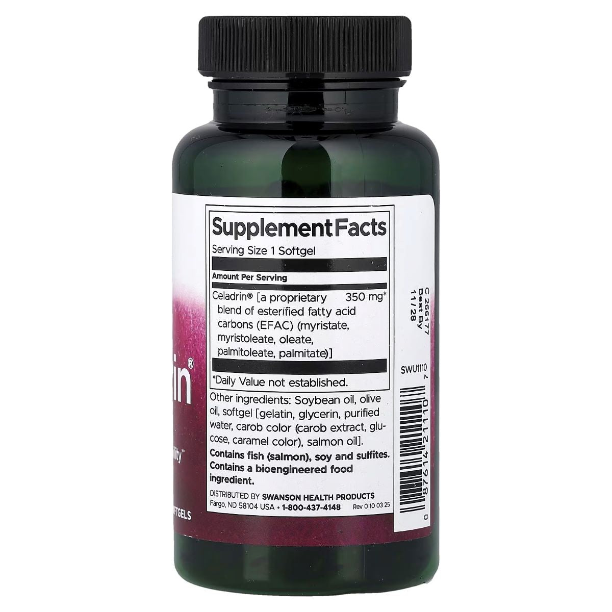 Swanson Celadrin bottle with Supplement Facts label, black cap, dark green softgels jar