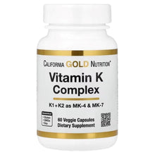 Vitamin K complex supplement bottle, front label with gold trim, 60 veggie capsules