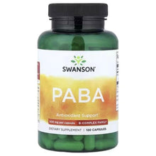 PABA antioxidant dietary supplement bottle, green bottle with SWANSON label and black cap