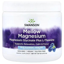 Swanson Mellow Magnesium drink mix jar, Blue Raspberry label, 7.67 oz