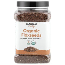 Organic flax seeds jar with label for whole brown flaxseeds