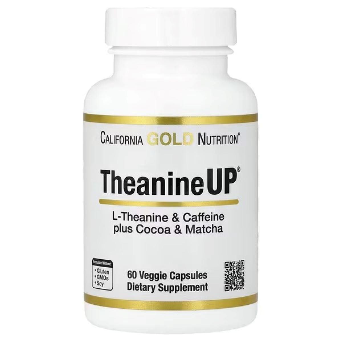 California Gold Nutrition TheanineUP® L-Theanine & Caffeine with Cocoa & Matcha – Calm Energy & Focus Formula, 60 Veggie Capsules