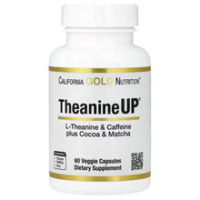 California Gold Nutrition TheanineUP supplement bottle, front label, gold trim, 60 veggie capsules