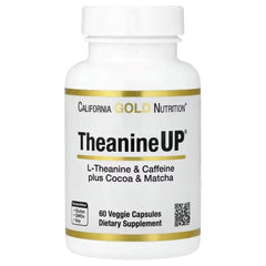 California Gold Nutrition TheanineUP® L-Theanine & Caffeine with Cocoa & Matcha – Calm Energy & Focus Formula, 60 Veggie Capsules