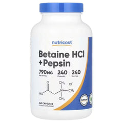 Nutricost betaine HCl + Pepsin supplement bottle, blue cap, front label