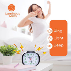 Geepas GWC26018 Bell Alarm Clock | Small Battery Operated | Analog Alarm Clock, Silent Non-Ticking, Ascending Beep Sounds, Snooze, Light Functions | Ideal for Study Room, Bed Room & More
