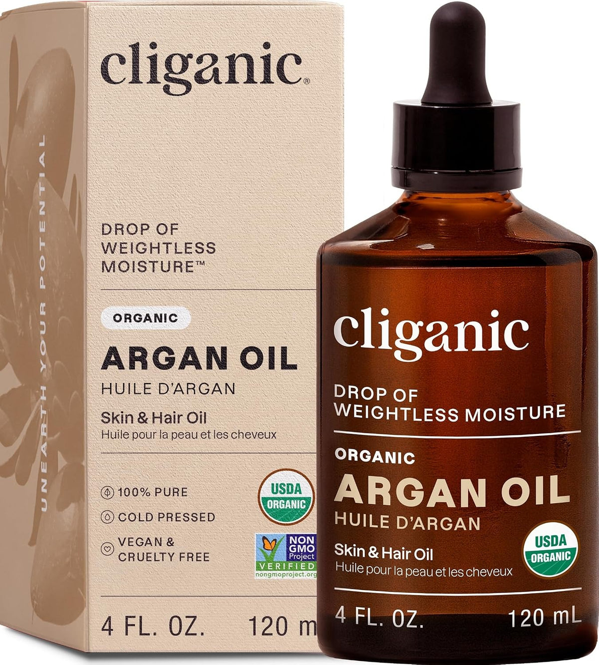 Cliganic USDA Organic Argan Oil, 100% Pure | for Hair, Face & Skin | Natural Cold Pressed Carrier Oil, Imported from Morocco