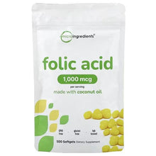 Folic acid 1000 mcg softgels supplement pouch with green label