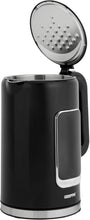 Black electric kettle with open lid and metal inner disc