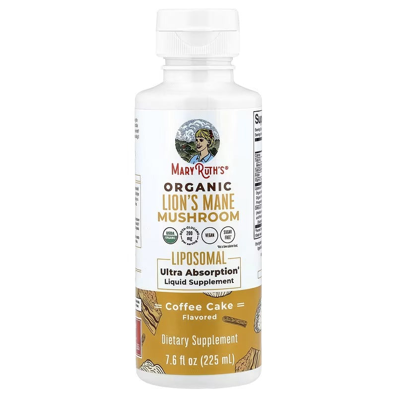 MaryRuth's, Organic Lion's Mane Mushroom, Liposomal Liquid Supplement, Coffee Cake, 7.6 fl oz (225 ml)