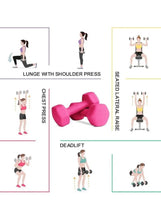 Pink neoprene dumbbells shown in exercise poses, pack of 2