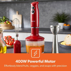 Geepas GHB6136 400W Hand Blender - Stainless Steel Blades with 2 Speed for Baby Food, Soup, Juice | 860ml Chopper Bowl & Electric Egg Whisk - 2 Years Warranty