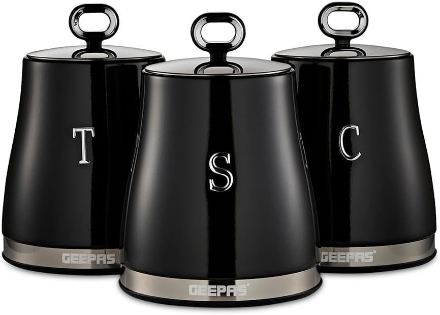 Set of 3 black airtight canisters with lift handles and stainless lids, GEEPAS
