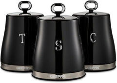 Set of 3 black airtight canisters with lift handles and stainless lids, GEEPAS