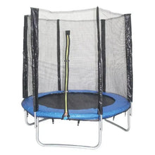 Kids trampoline with safety net, blue frame and jumping mat, black enclosure panels