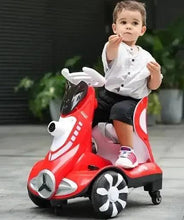 Kids ride-on scooter in red with white seat, black handles, child riding