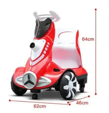 Red kids ride-on scooter with white front light details and black control panel