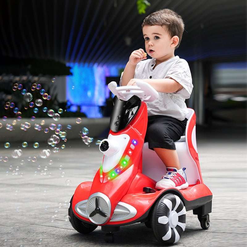 6V battery powered kids car with bubbles in red featuring colorful lights and a young child riding outdoors