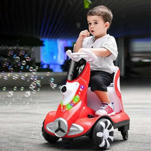 Red kids ride-on scooter with illuminated panel and bubble effects, child seated