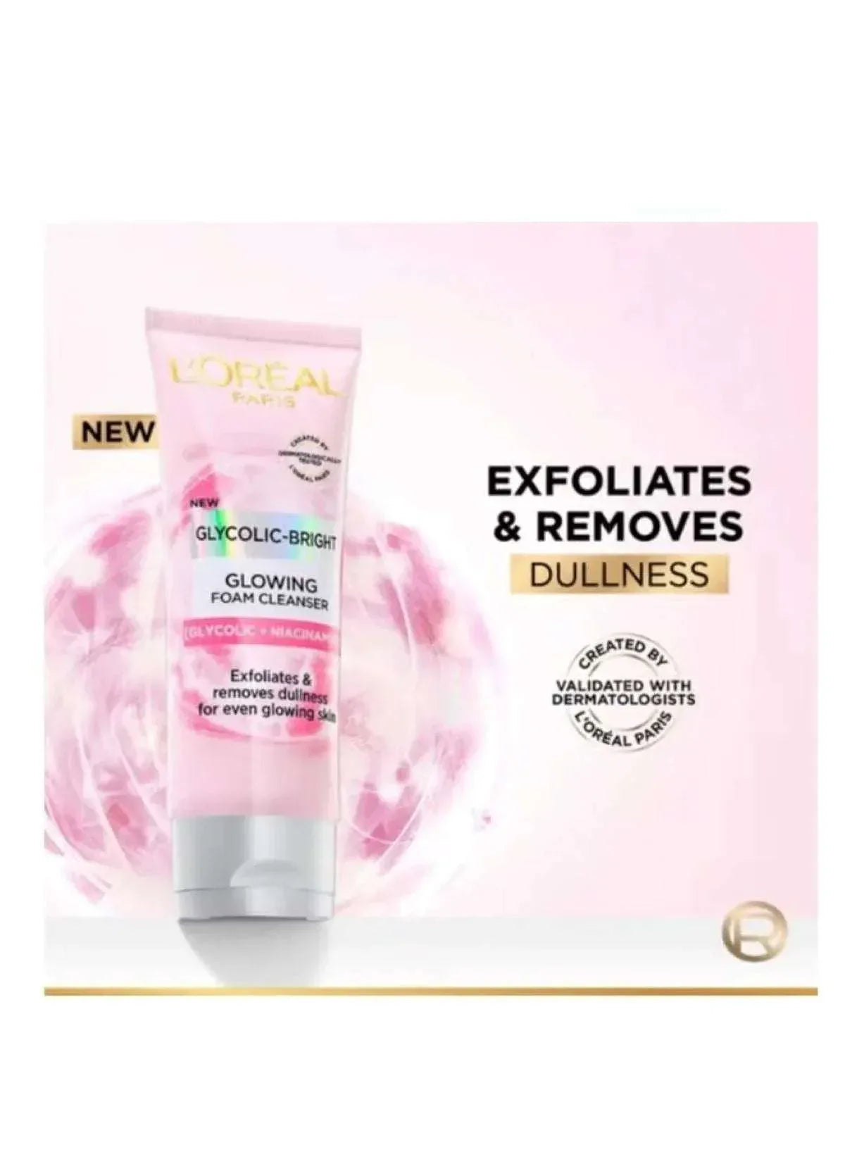 L’Oréal Paris Glycolic Bright Glowing Daily Cleanser Foam 100ml – Brightening Exfoliating Face Wash with Glycolic Acid