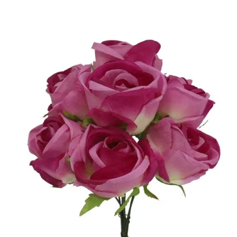 Huitich 7 head dark pink artificial roses bouquet with green leaves for home decor