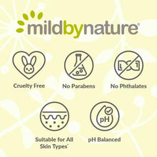 Mildbynature peach body wash label icons: cruelty free, no parabens, pH balanced