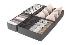 Gray fabric dresser organizer set of 4 with open-top sections for folded clothes