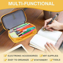 Yellow pencil case open with stationery and pens inside, laid on a desk