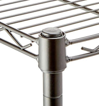 Adjustable leveling foot assembly on black metal storage rack frame