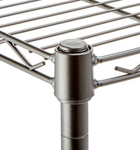 Adjustable leveling foot on black metal storage rack frame