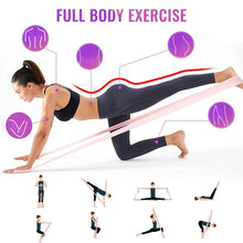 Resistance band for full-body exercise, person kneeling while pulling a long purple band