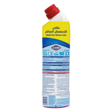 Bleach gel cleaner bottle with red cap and blue back label