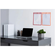 Two clear hanging document pockets with red and orange frames, metal grommets on top