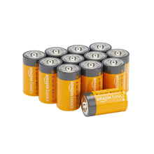 Twelve D-cell alkaline batteries, yellow and black cans with terminals