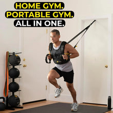 Suspension trainer strap system with black handles and yellow anchor attachment