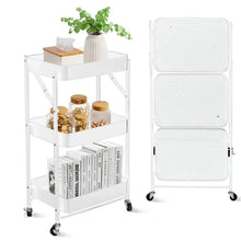 White 3-tier rolling utility cart with mesh sides and shelves, on four casters