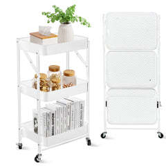 3 Tier Foldable Metal Rolling Utility Cart Organizer, 46x30x76cm Multipurpose Organizer Trolley with Casters for Kitchen, Bedroom, Bathroom, Office, Laundry Room and Garage White
