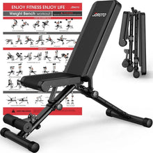 Adjustable weight bench with black padded backrest and seat, foldable steel frame