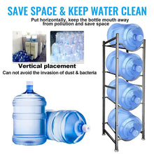 4-tier water bottle storage stand with blue 5-gallon bottles and spout close-up